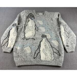Vintage Roberta Frost Sweater Women S Gray 100% Virgin Wool Hand Knitted Penguin